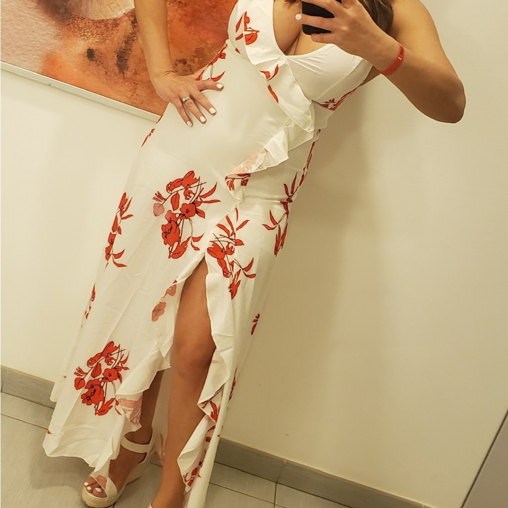 White and Red High Low Sundress with Plunge Neckline